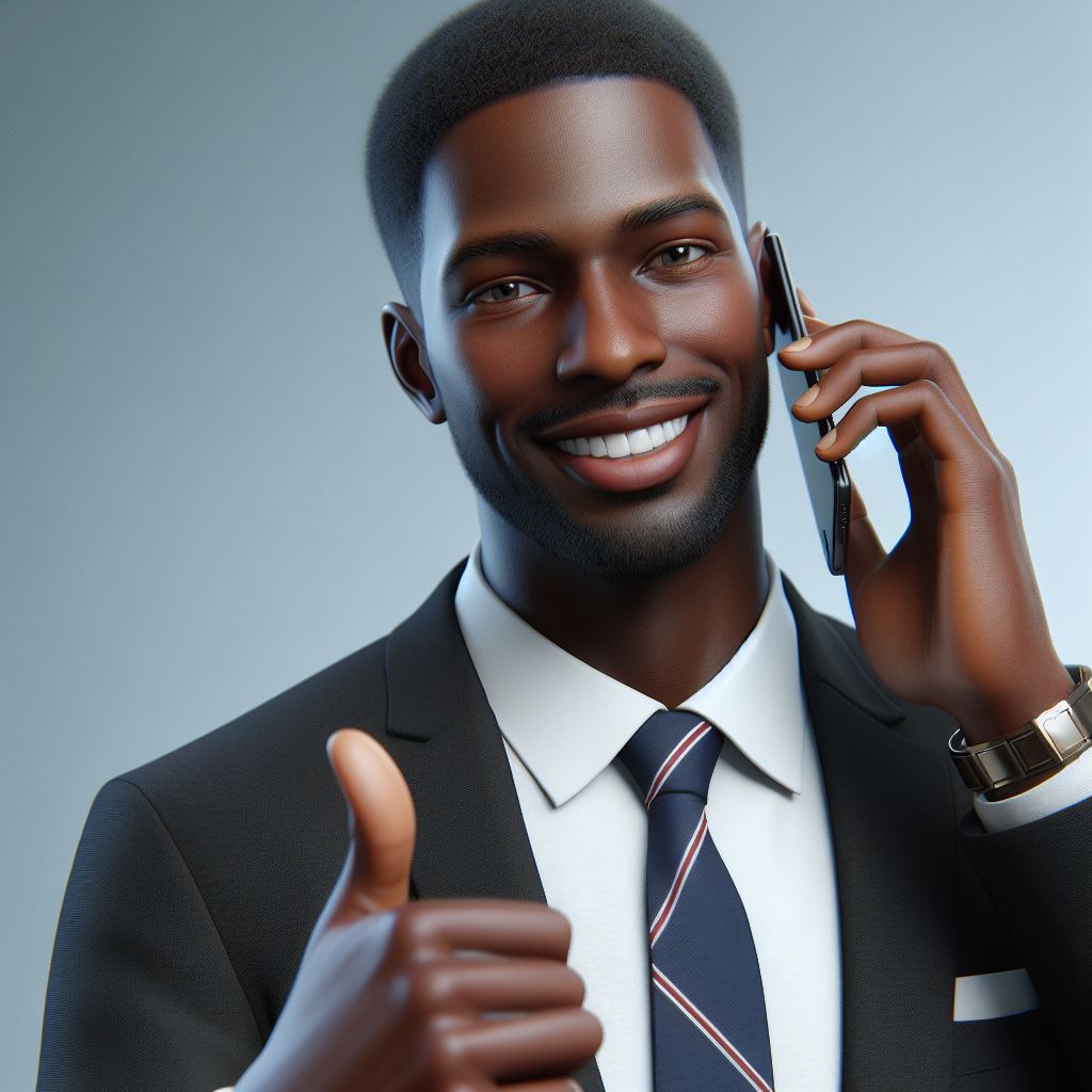 Lawyer giving a thumbs up to the camera while speaking on the phone.