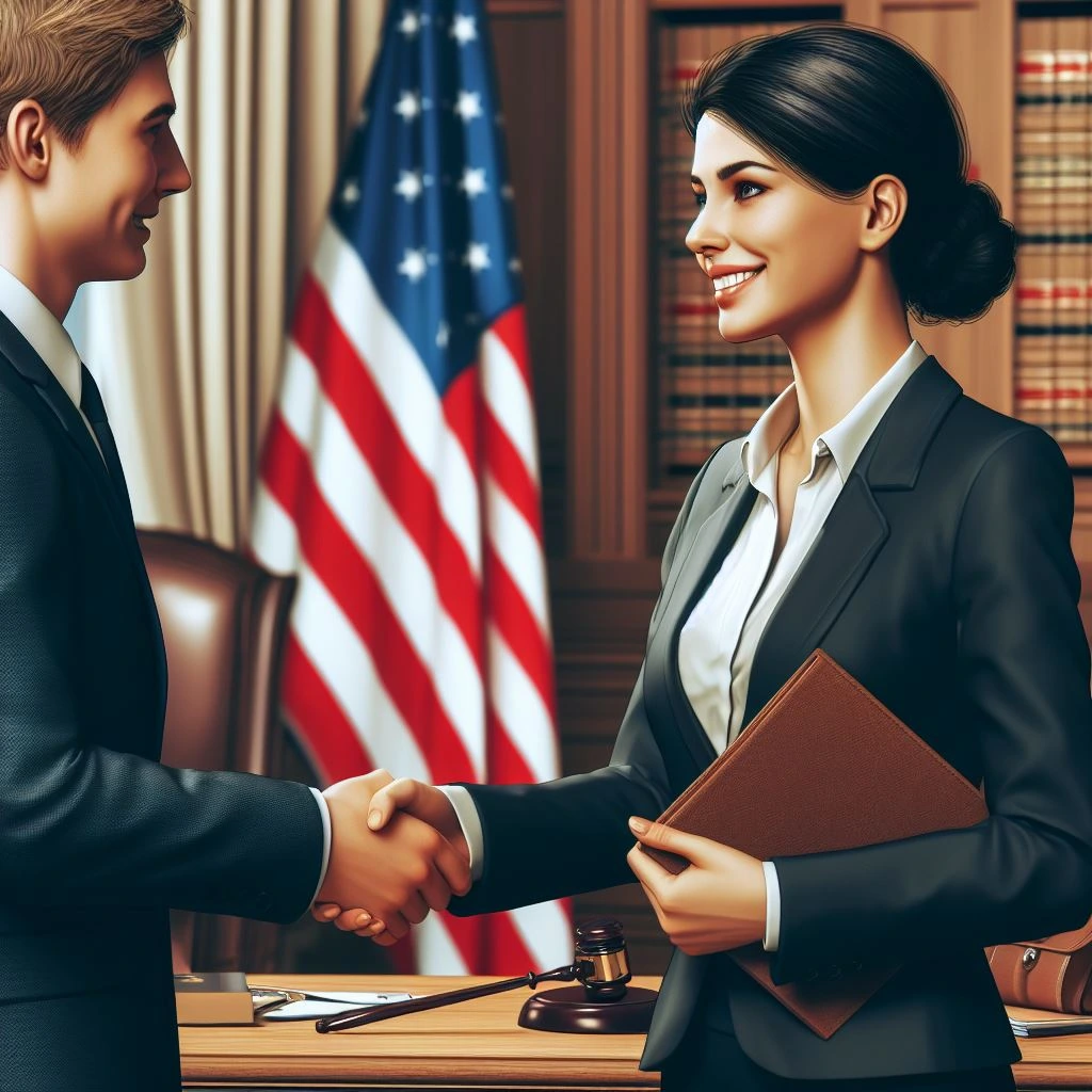 Two lawyers, dressed in professional attire, are standing inside a courtroom. They are engaged in a handshake, symbolizing mutual agreement or the conclusion of legal proceedings.