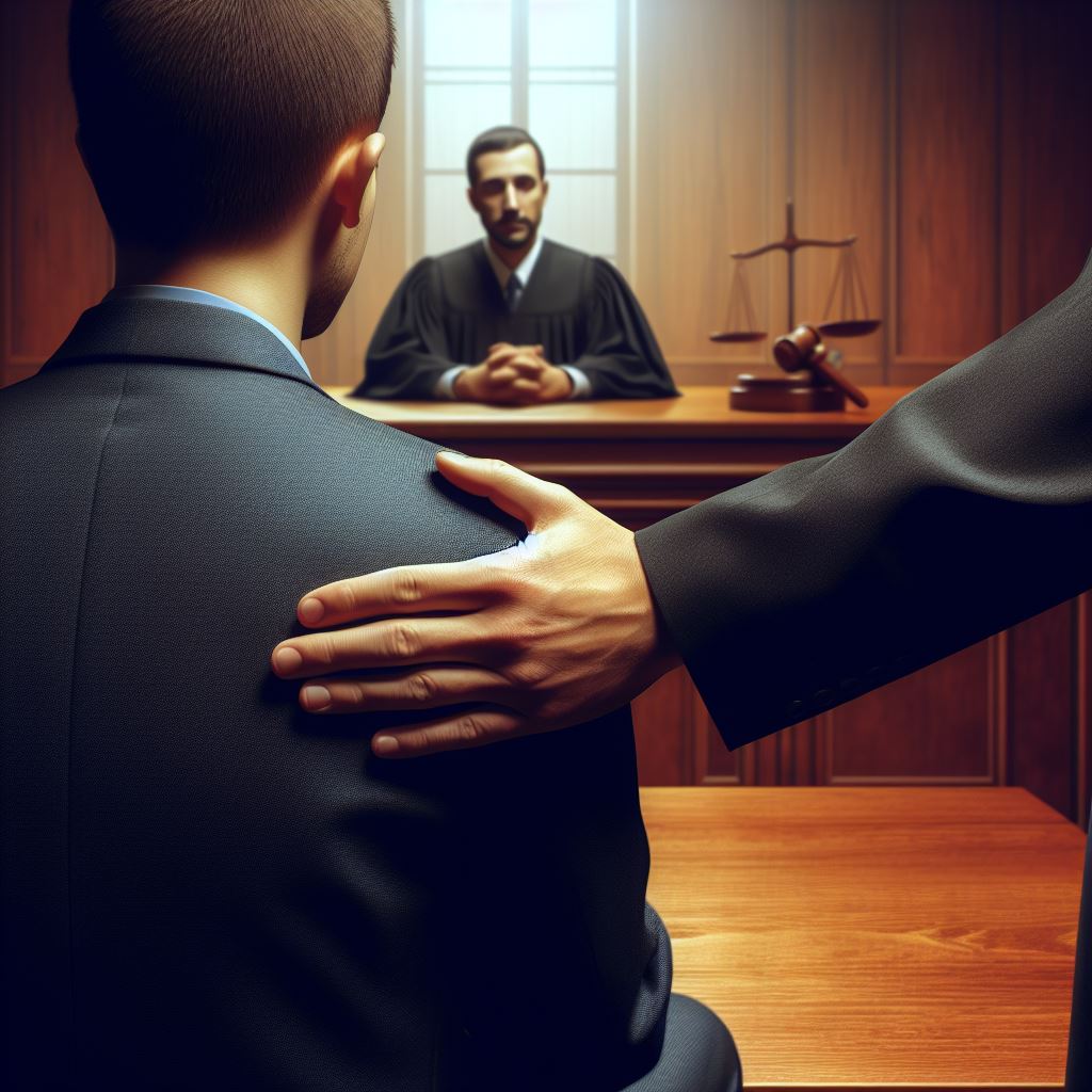 A lawyer helping a client in a courtroom.